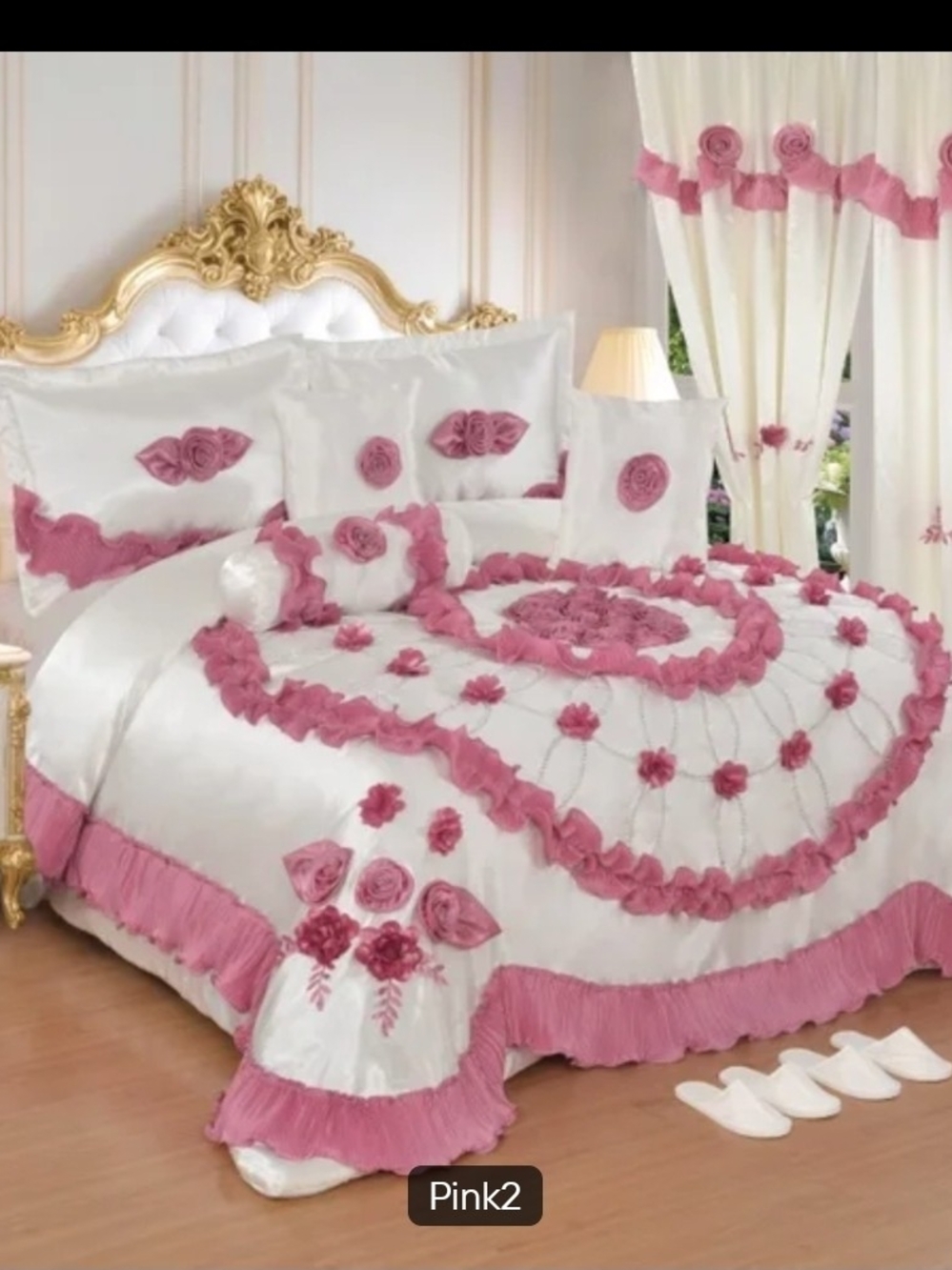 Liliana White and Pink Rosette Ruffled Comforter Set